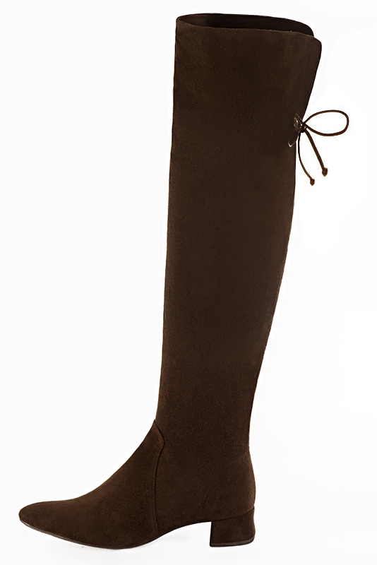 Dark brown women's leather thigh-high boots. Tapered toe. Low flare heels. Made to measure. Profile view - Florence KOOIJMAN